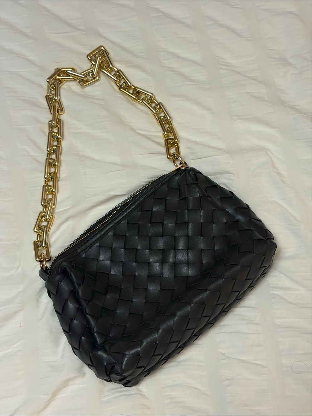 Woven Black Shoulder Bag with Gold Chain Strap